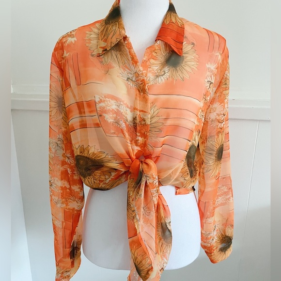 Vintage Tops - Vintage Orange Sheer Sunflower Blouse/Bathing Suit Coverup (M)